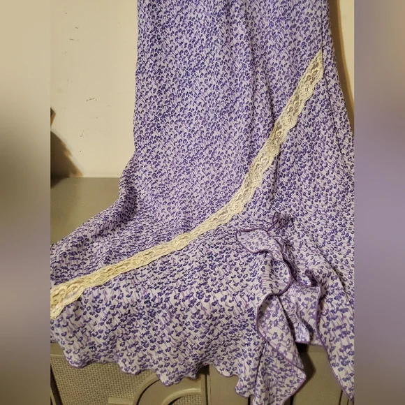 Vintage Lavender Floral Lace-Trim Women's Ruffle Maxi Dress Large - Picture 3 of 8
